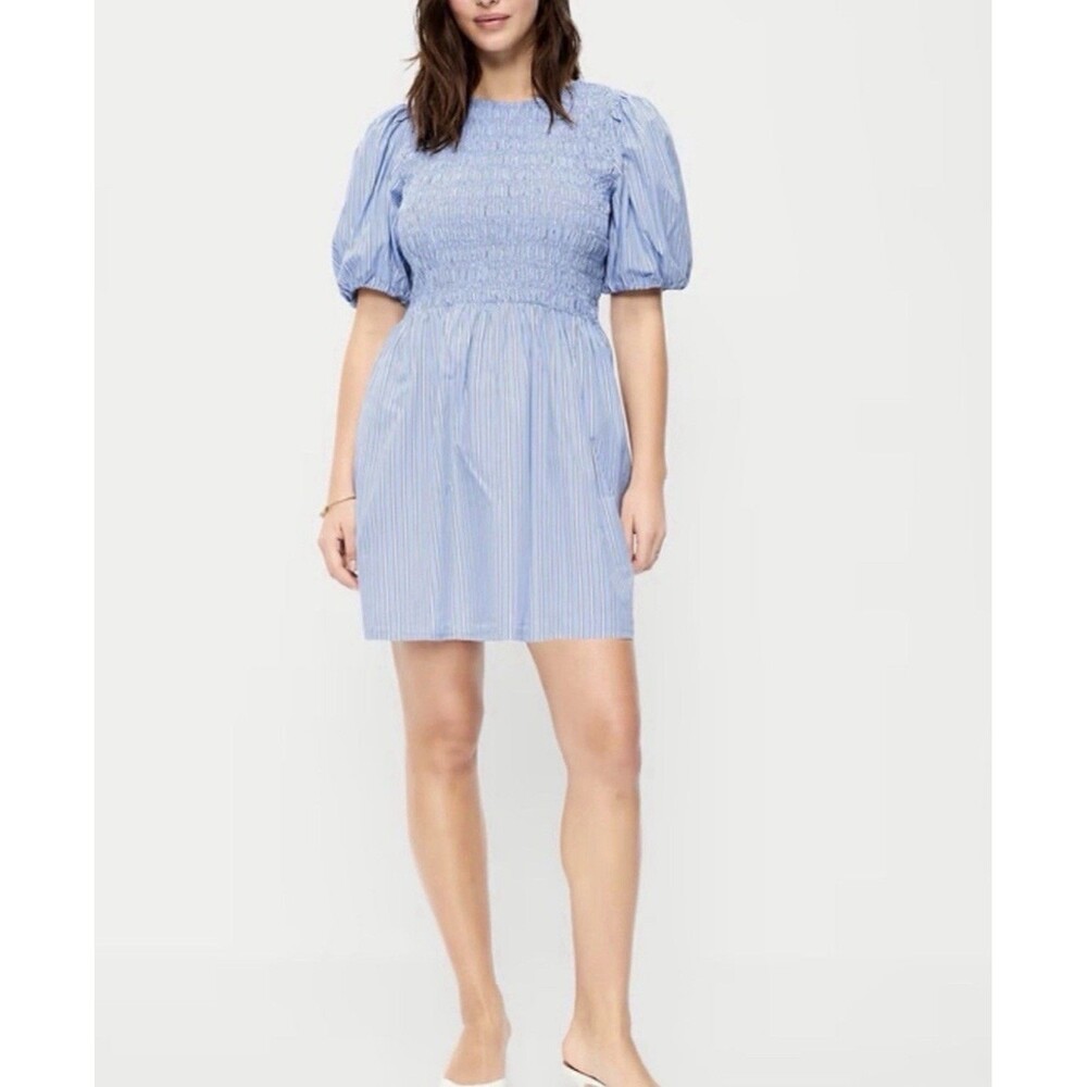 NWT Old Navy Women’s Blue Striped Smocked Puff Sleeve Mini Dress Size L Pockets